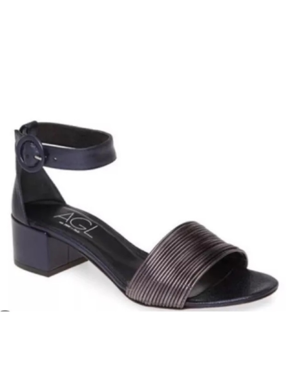 AGL Blue Metallic Leather Open Toe Low Block Heel Strappy Sandals EU 39.5 US 9.5